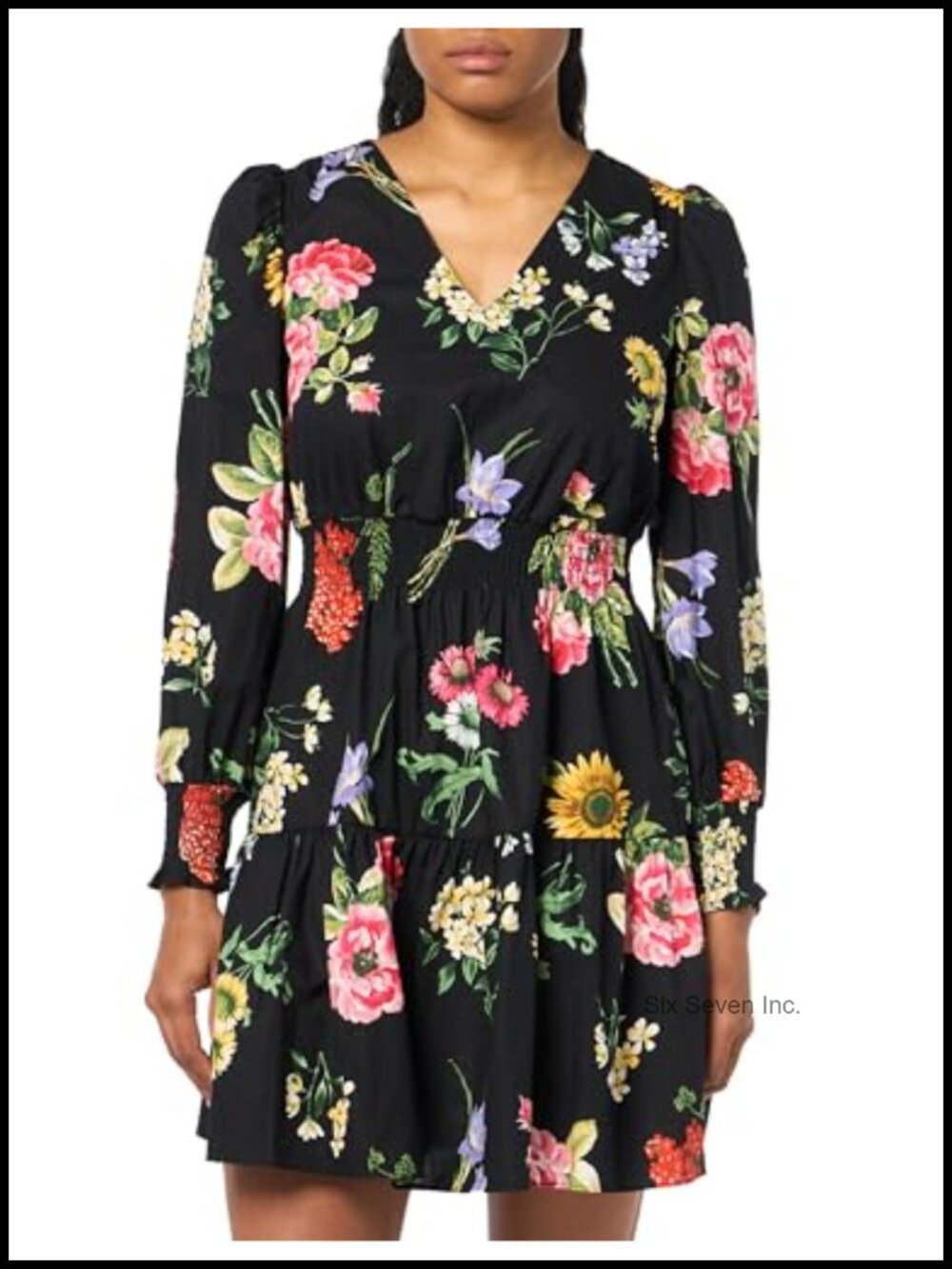 V Neck Flounce Hem Dress Smocked Sleeves Cotton Casual Knee Length
